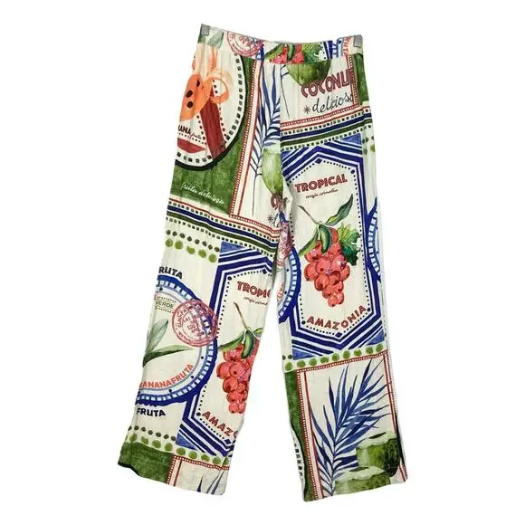 Nwot RACHEL ZOE Pants Women M Linen Tropical-Art Beaded-Tassels Multi Wide-Leg - Picture 2 of 12